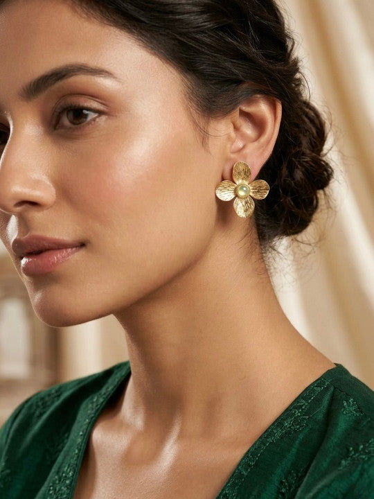 Botanical Motif Stud Earrings – Gold-Toned Stainless Steel