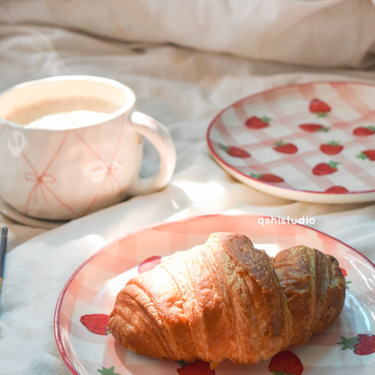 Serving Plate | Ceramic Hand-painted Strawberry Checkered | Set of 2, 7 Inches