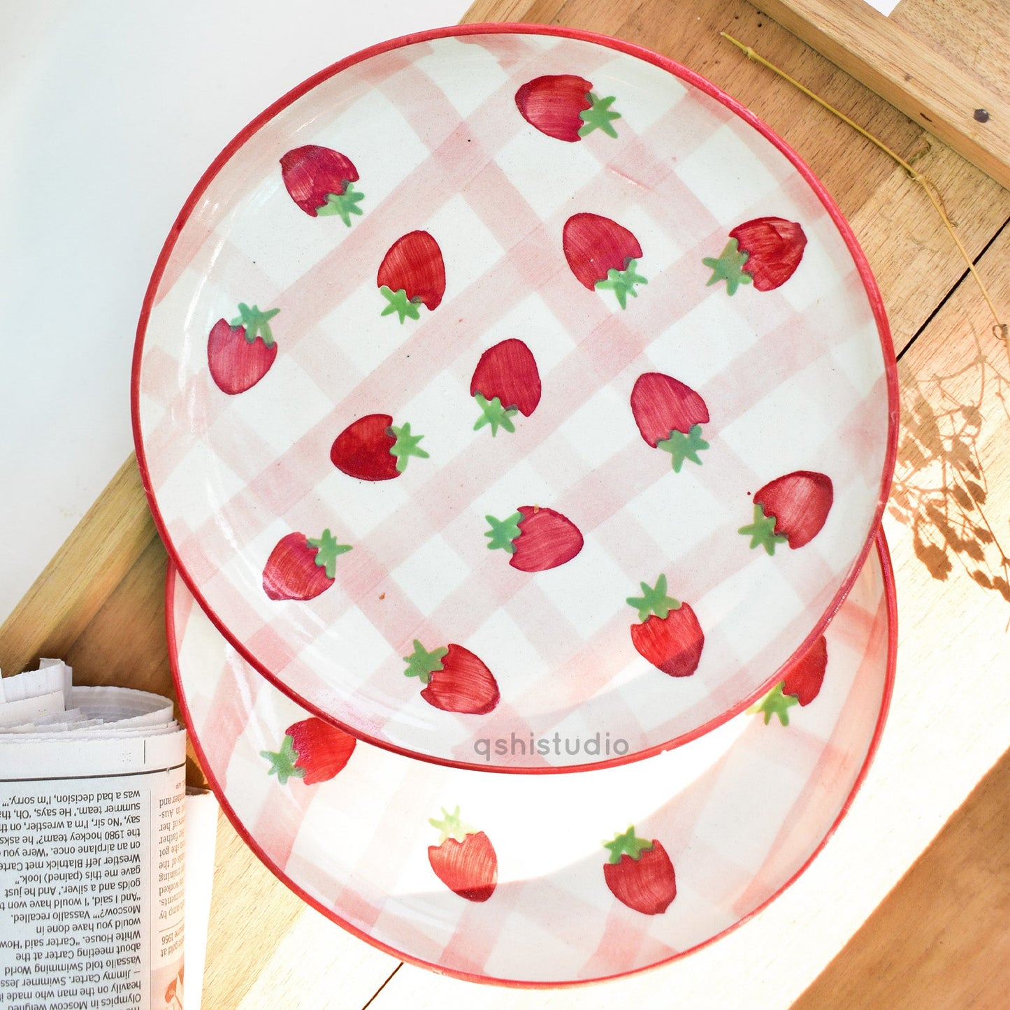 Serving Plate | Ceramic Hand-painted Strawberry Checkered | Set of 2, 7 Inches