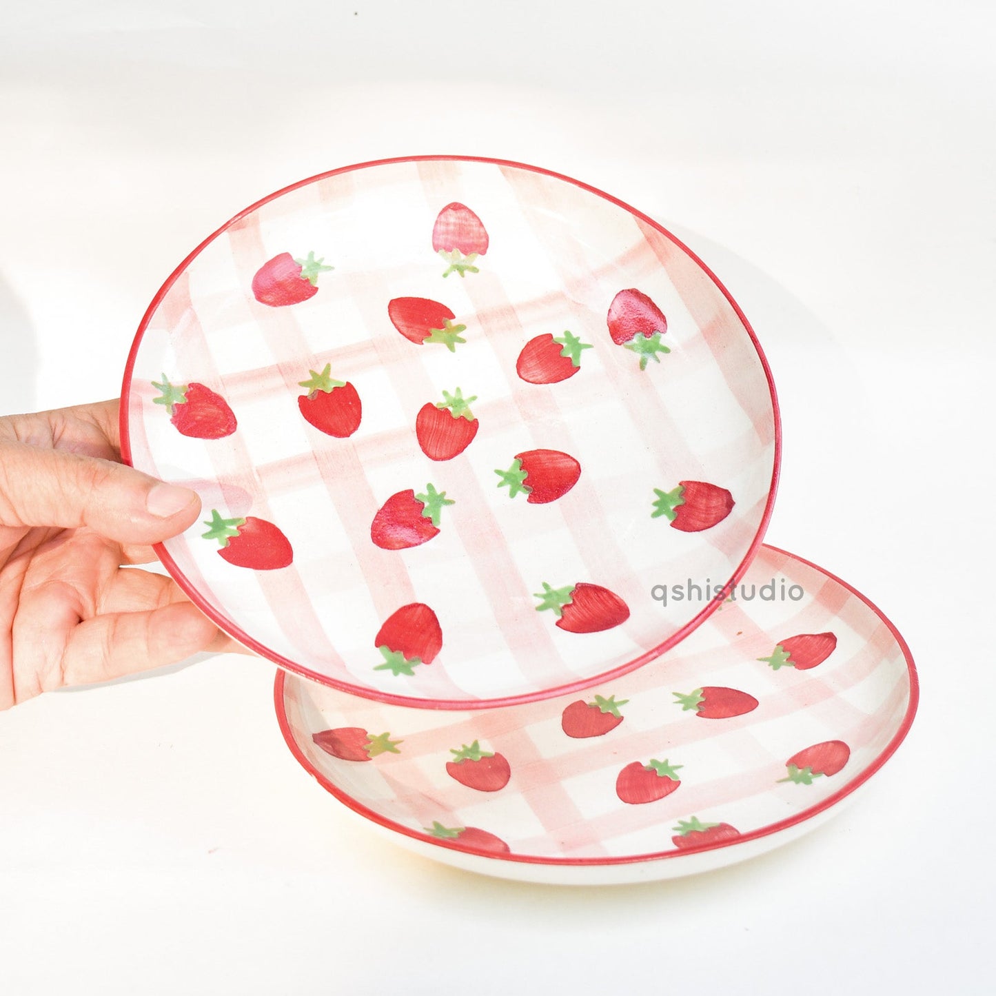 Serving Plate | Ceramic Hand-painted Strawberry Checkered | Set of 2, 7 Inches