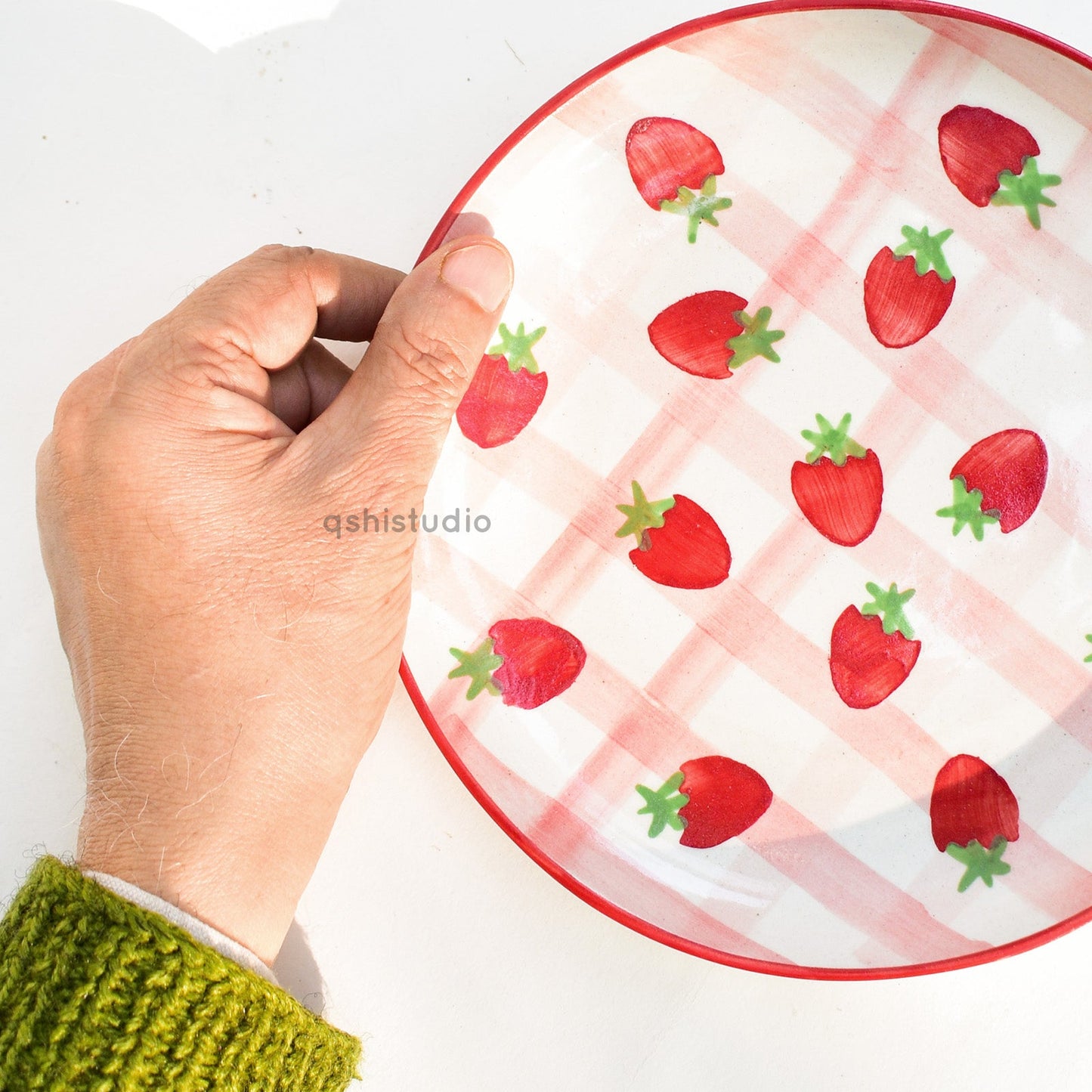 Serving Plate | Ceramic Hand-painted Strawberry Checkered | Set of 2, 7 Inches
