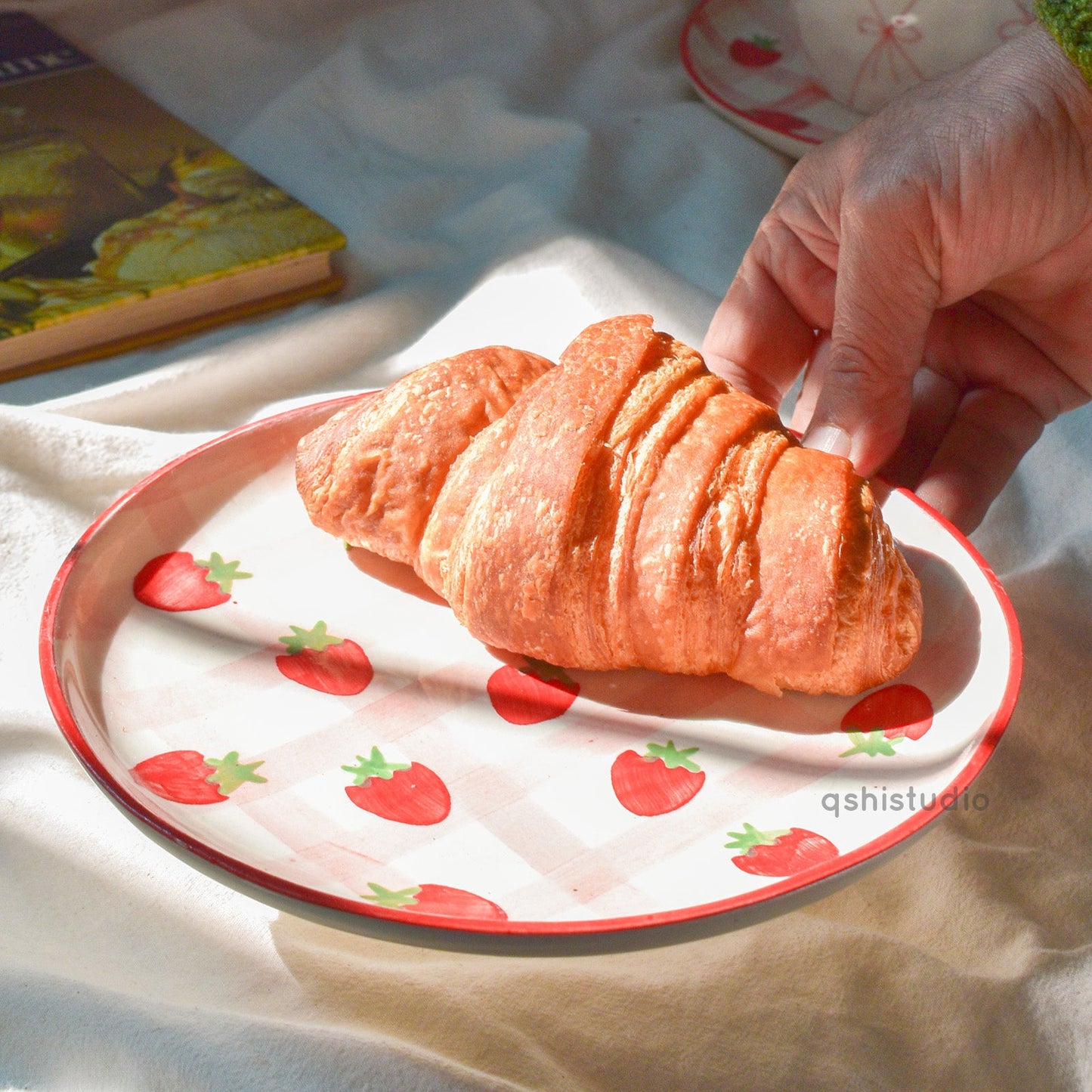 Serving Plate | Ceramic Hand-painted Strawberry Checkered | Set of 2, 7 Inches