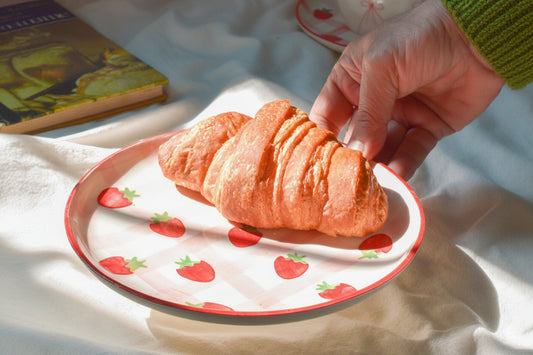 Serving Plate | Ceramic Hand-painted Strawberry Checkered | Set of 2, 7 Inches
