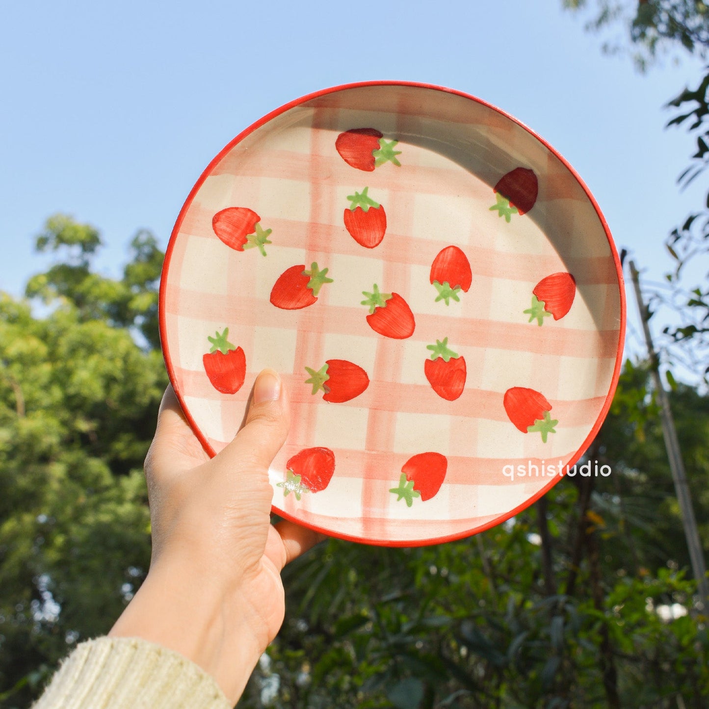 Serving Plate | Ceramic Hand-painted Strawberry Checkered | Set of 2, 7 Inches