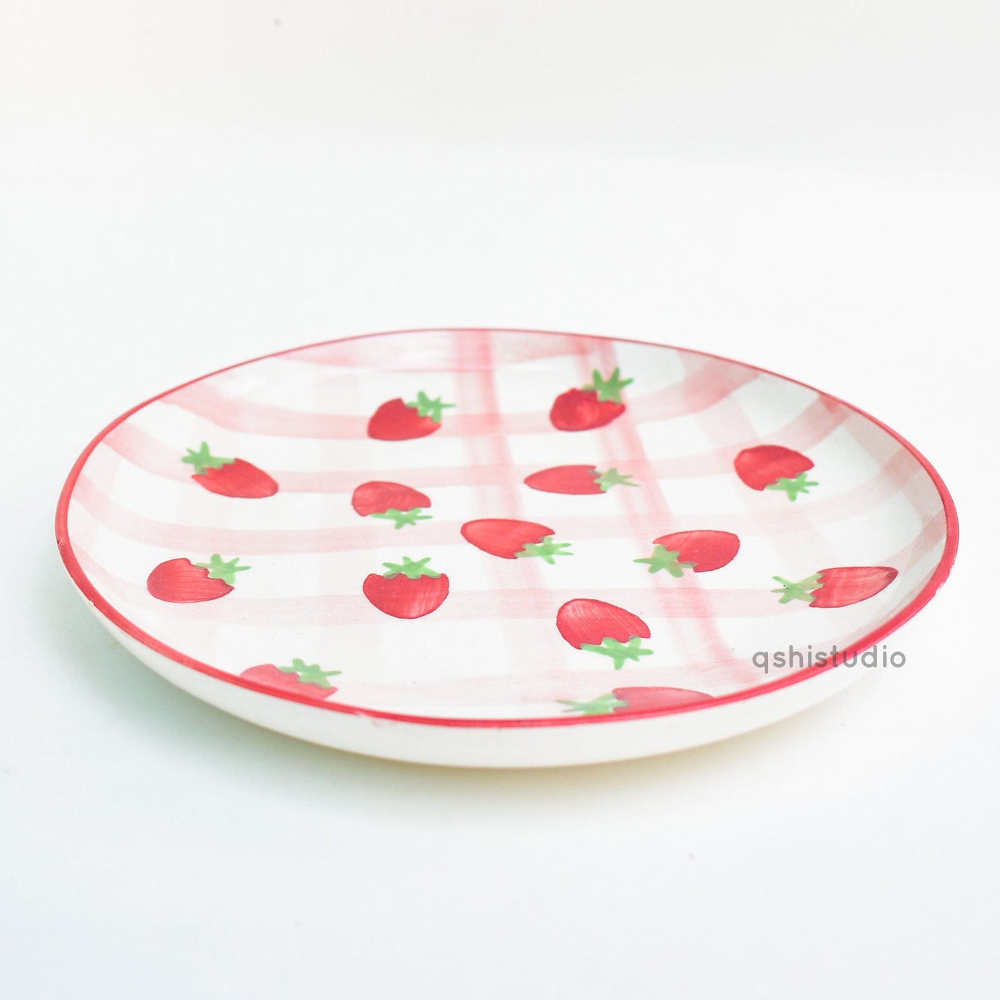Serving Plate | Ceramic Hand-painted Strawberry Checkered | Set of 2, 7 Inches