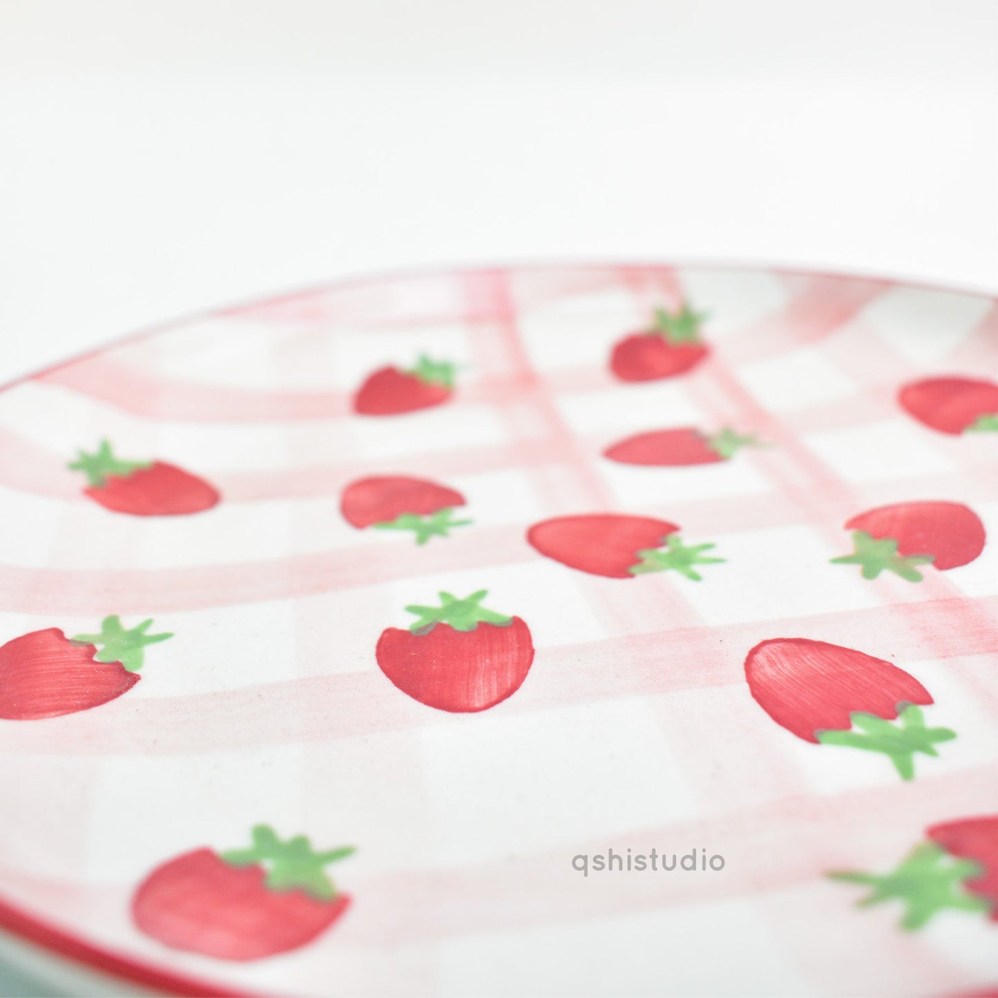 Serving Plate | Ceramic Hand-painted Strawberry Checkered | Set of 2, 7 Inches