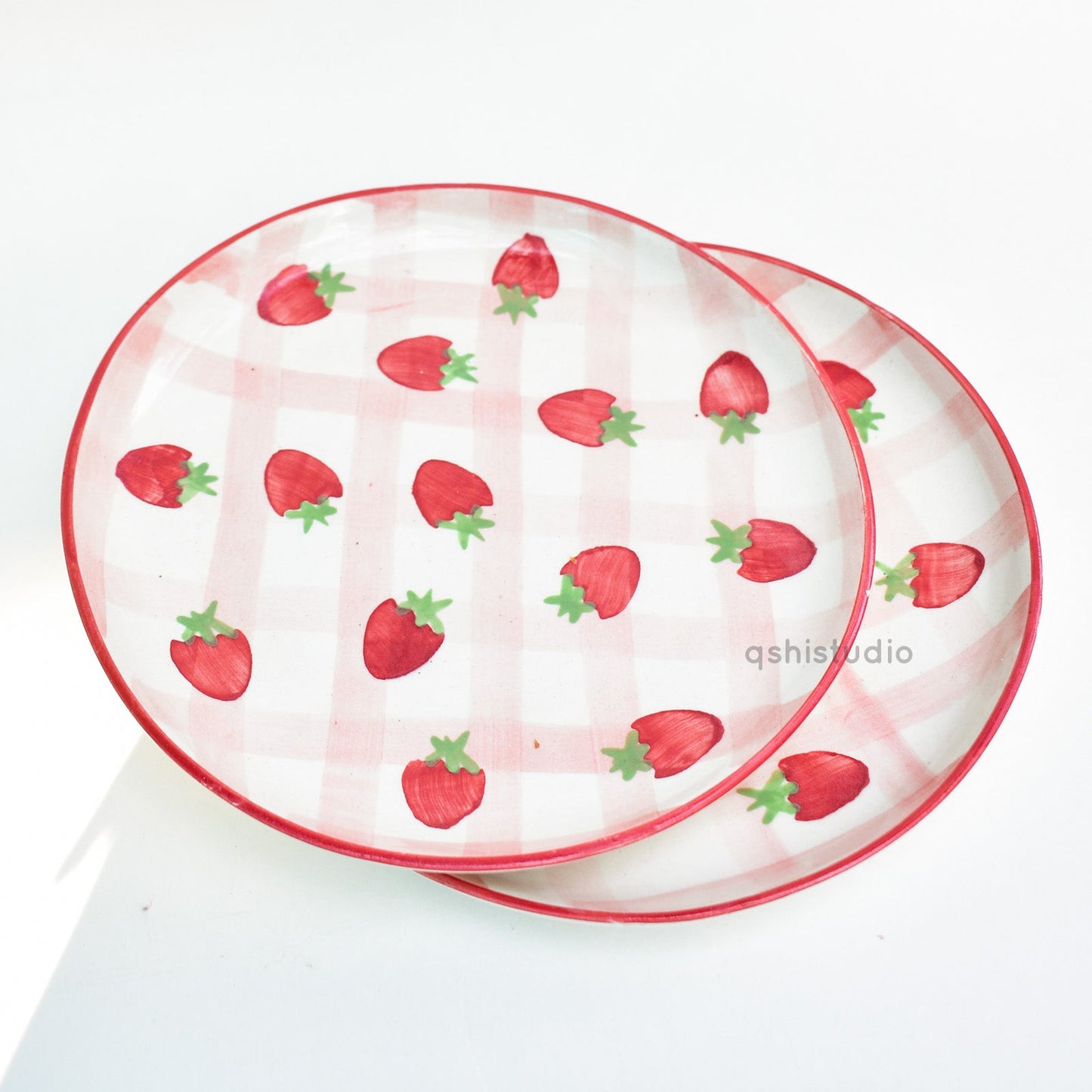 Serving Plate | Ceramic Hand-painted Strawberry Checkered | Set of 2, 7 Inches