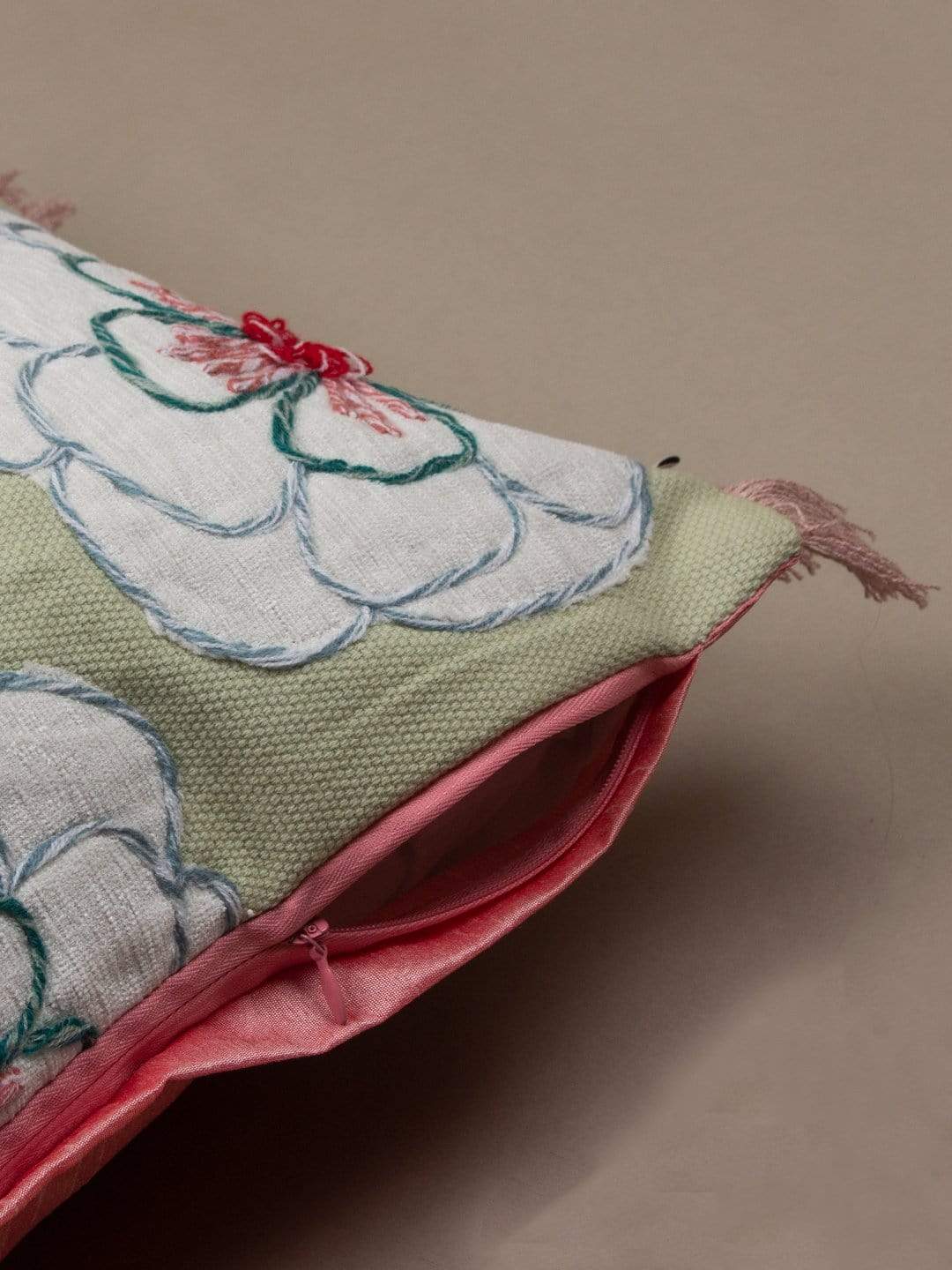 Cushion Cover | Cotton Hand Embroidered | Mint Green, 14L x 20W inches