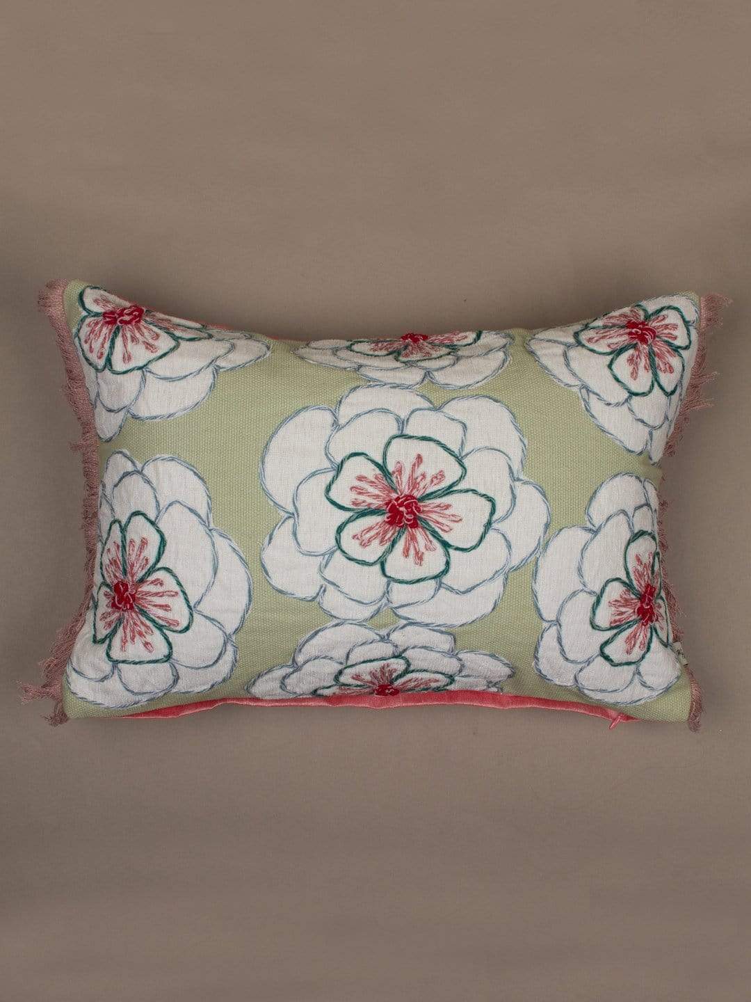 Cushion Cover | Cotton Hand Embroidered | Mint Green, 14L x 20W inches