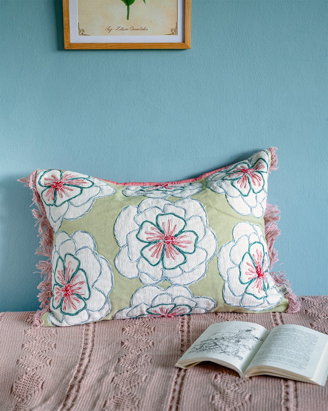 Cushion Cover | Cotton Hand Embroidered | Mint Green, 14L x 20W inches