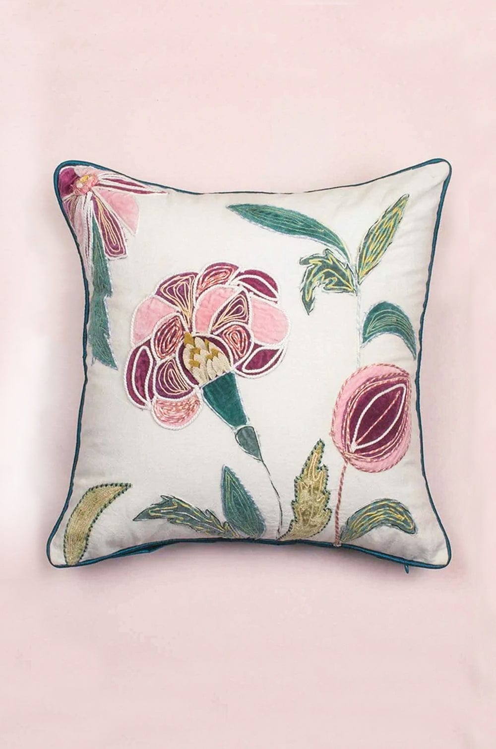 Cushion Cover | Cotton Embroidered Jacobean Rose | 18x18 Inches