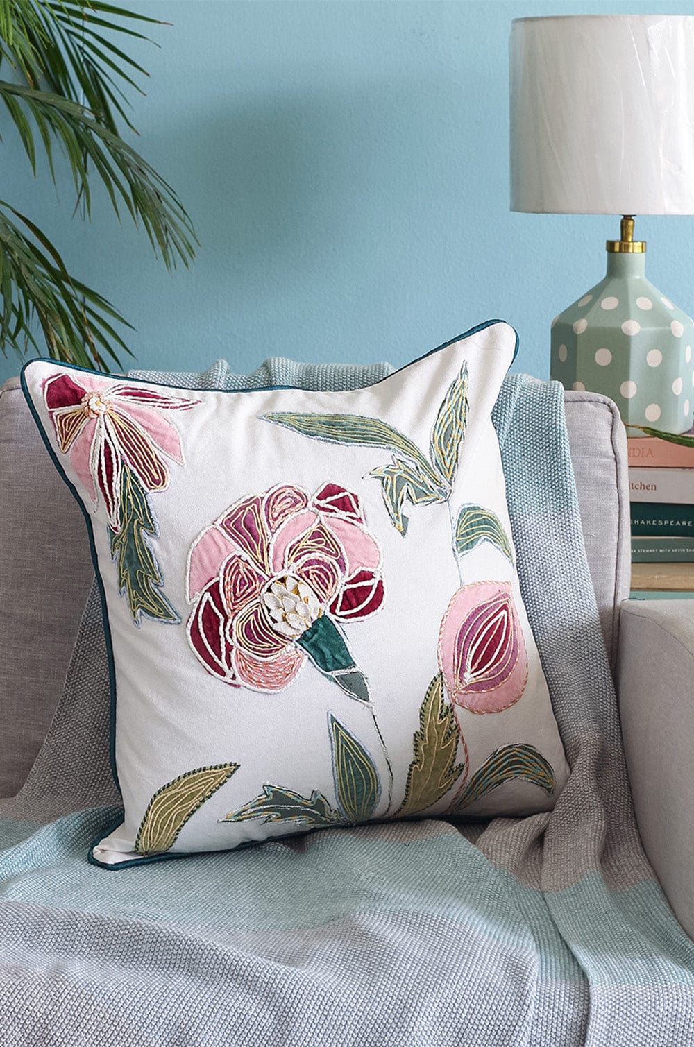Cushion Cover | Cotton Embroidered Jacobean Rose | 18x18 Inches