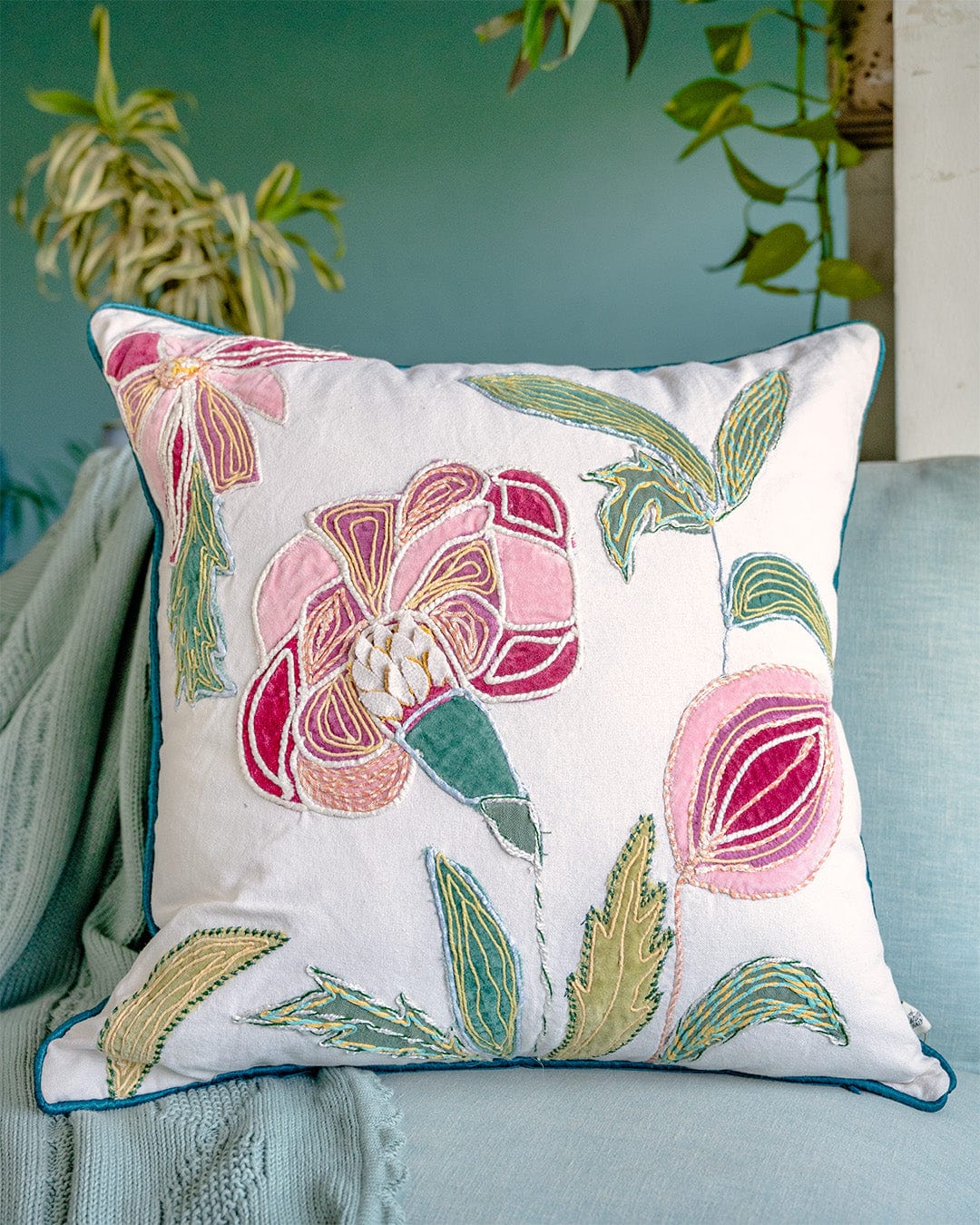 Cushion Cover | Cotton Embroidered Jacobean Rose | 18x18 Inches