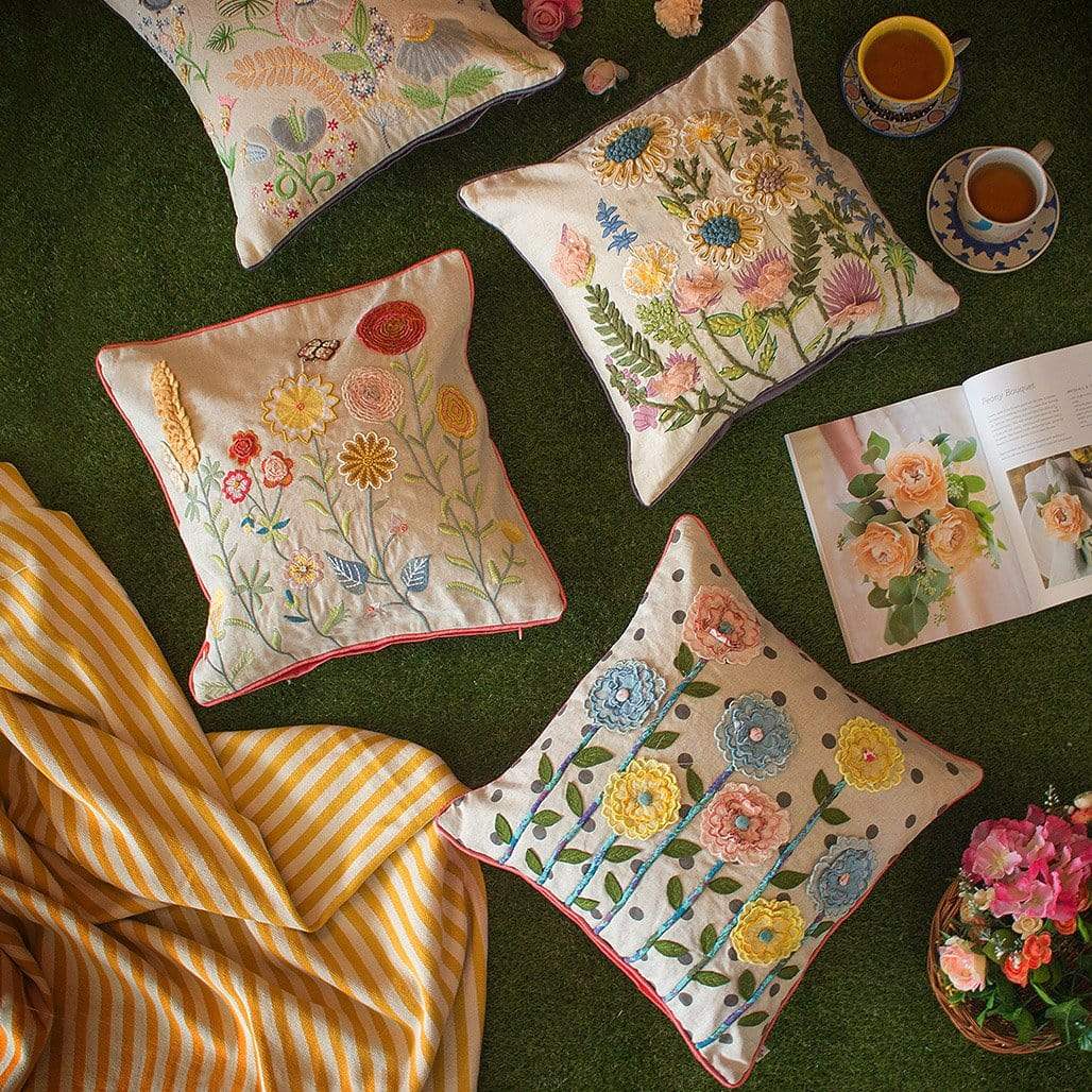 Cushion Cover | Embroidered Cotton Ranunculus | 18 x 18 Inches