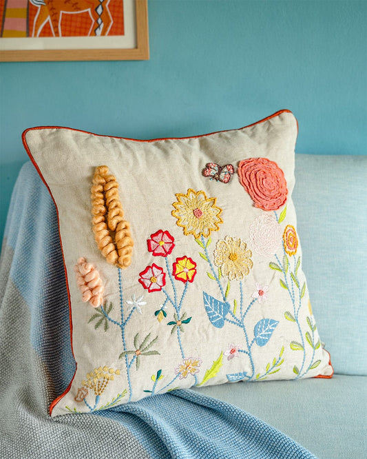 Cushion Cover | Embroidered Cotton Ranunculus | 18 x 18 Inches
