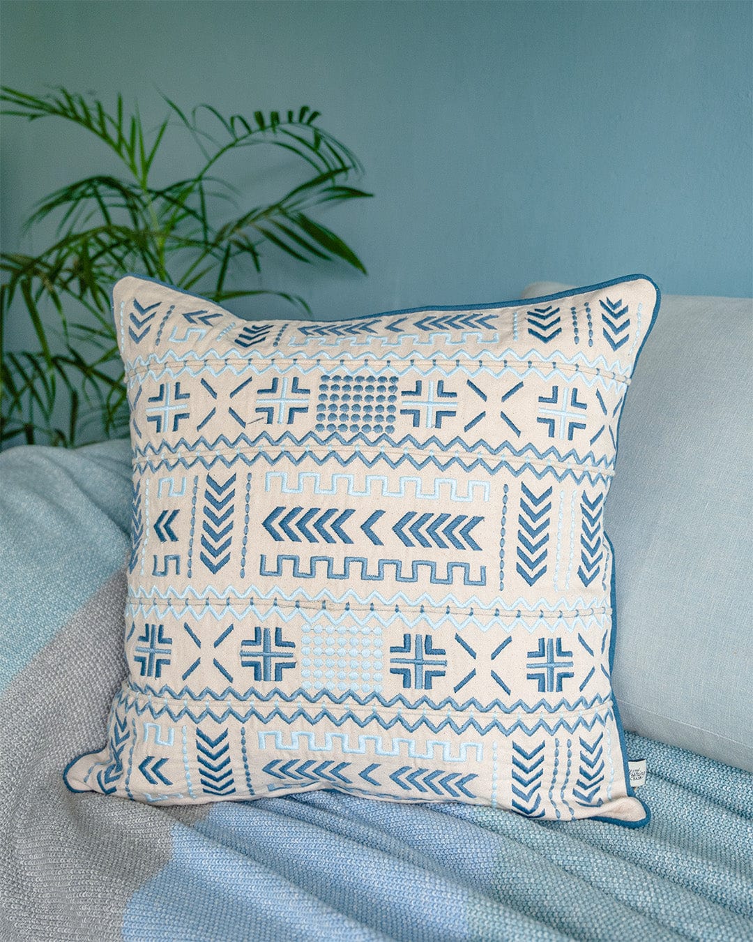 Cushion Cover | Embroidered Cotton Piped Edge | 18" x 18"