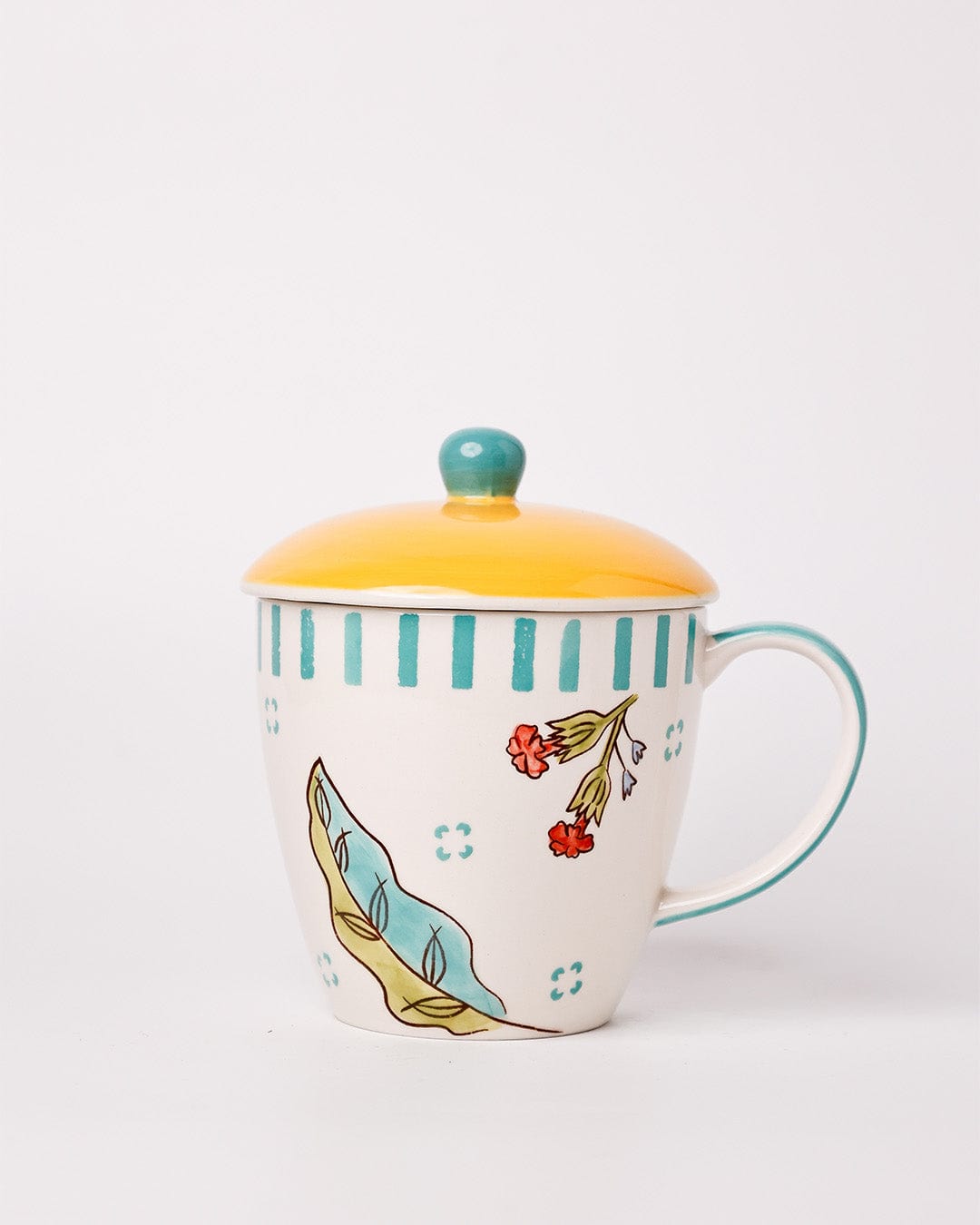 Stripe & Stem Handpainted Ceramic Coffee Mug with Lid 325ml