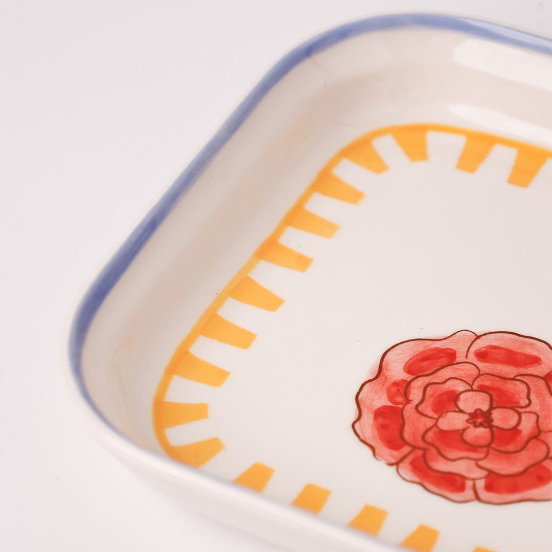 Serving Plate | Ceramic Hand-painted Floral Square | 15.5x15.5x3cm, Set of 4