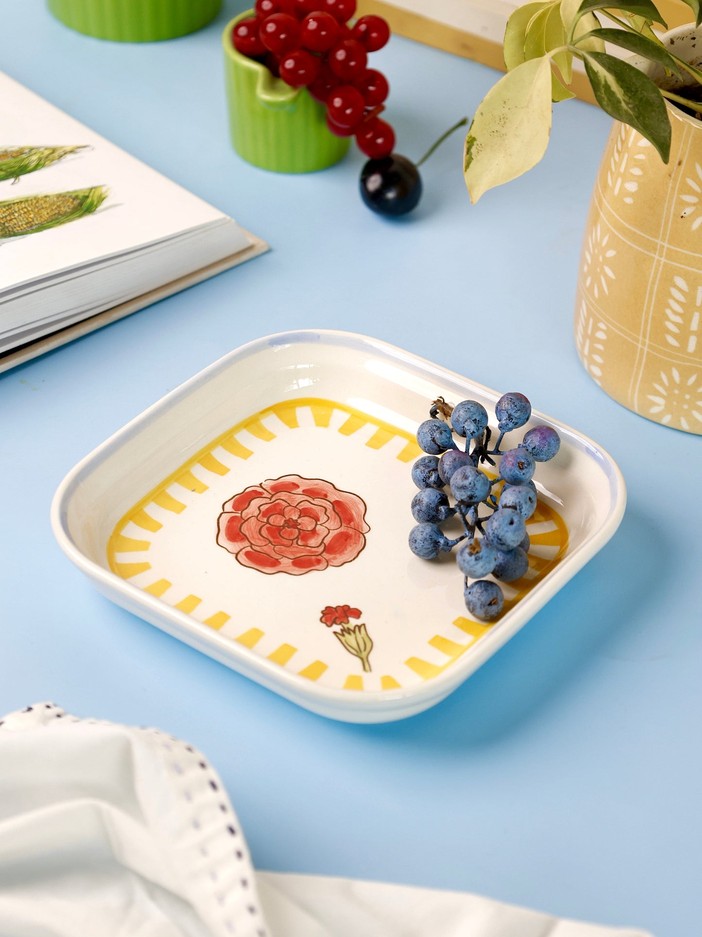 Serving Plate | Ceramic Hand-painted Floral Square | 15.5x15.5x3cm, Set of 4