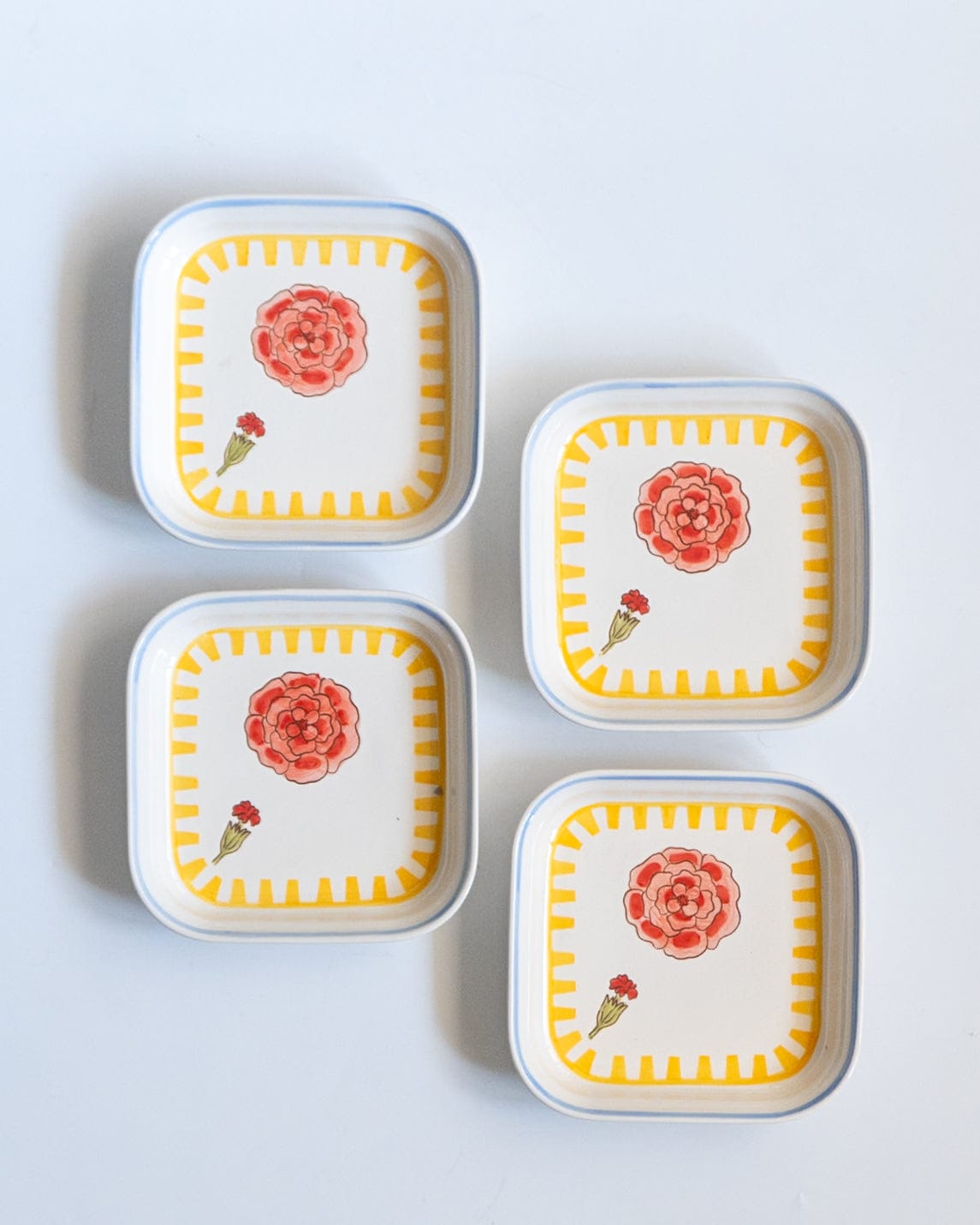 Serving Plate | Ceramic Hand-painted Floral Square | 15.5x15.5x3cm, Set of 4