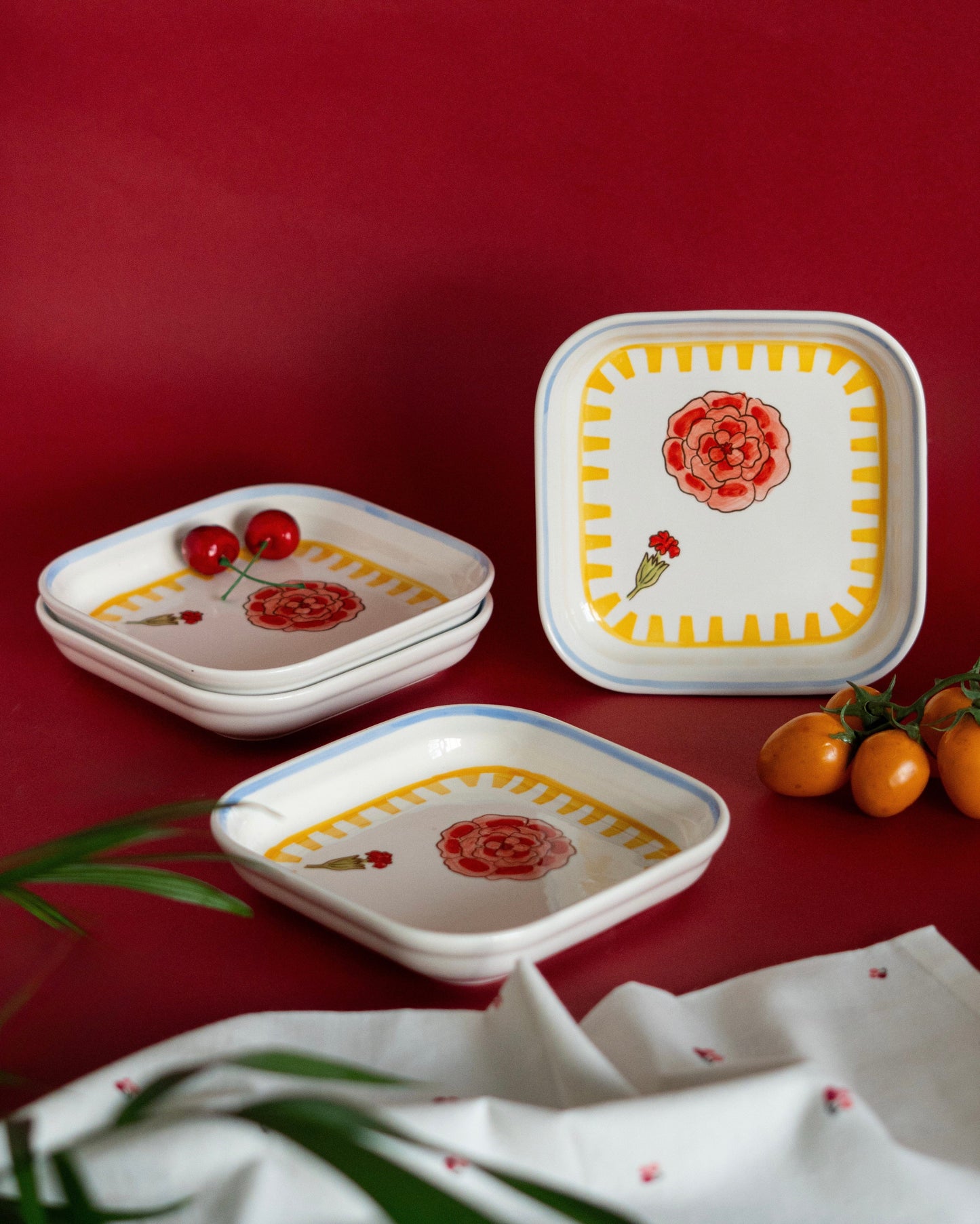 Serving Plate | Ceramic Hand-painted Floral Square | 15.5x15.5x3cm, Set of 4