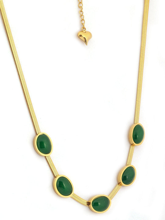 Gold-Plated Statement Necklace – Green Gemstone Inlay