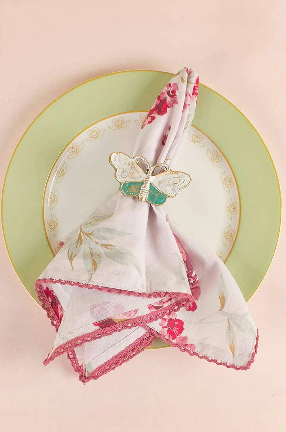 Napkin Ring | Aluminium Butterfly-shaped | Set of 6, White & Teal, 3Dia x 1.5H In