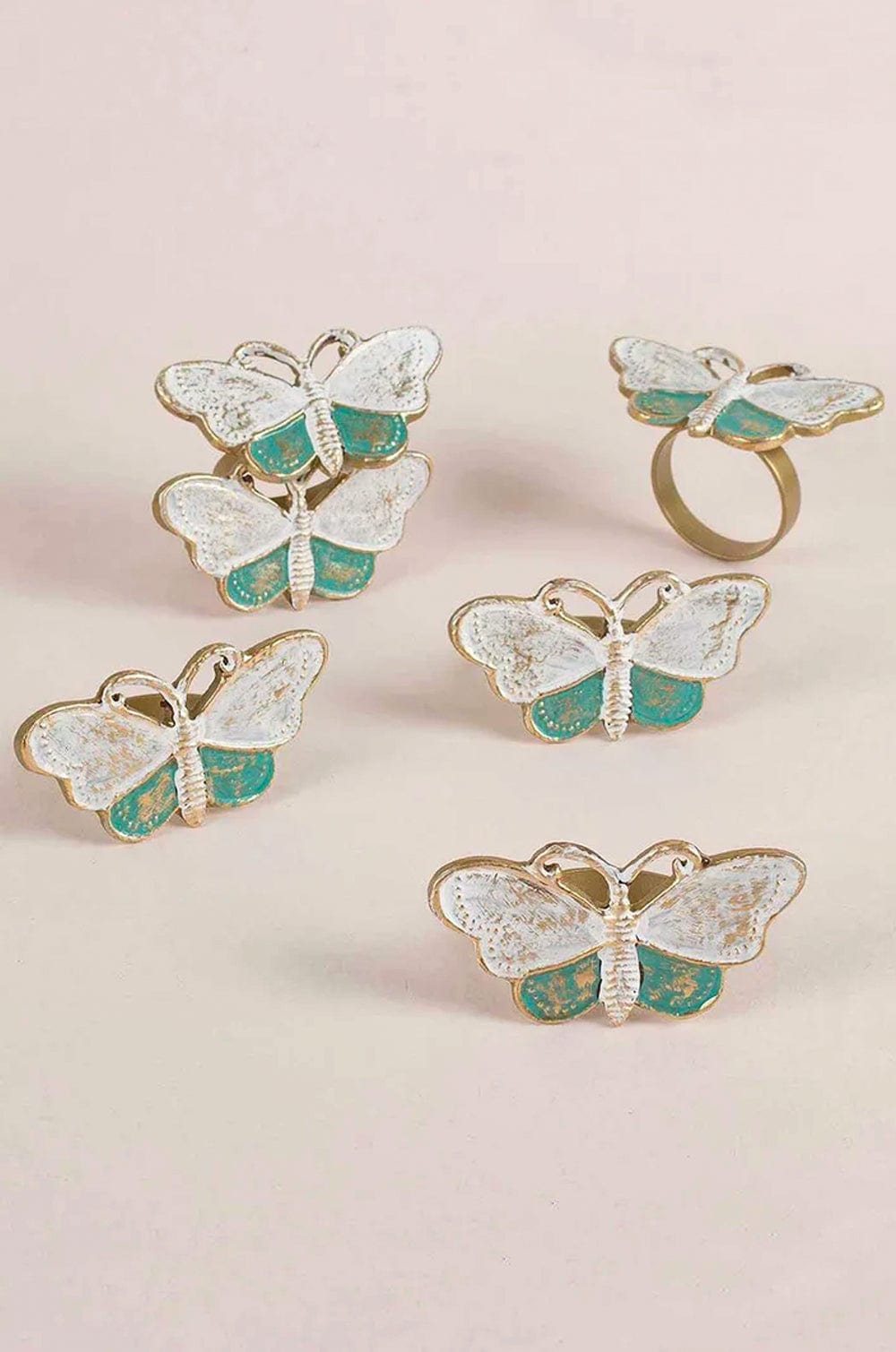 Napkin Ring | Aluminium Butterfly-shaped | Set of 6, White & Teal, 3Dia x 1.5H In
