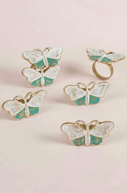 Napkin Ring | Aluminium Butterfly-shaped | Set of 6, White & Teal, 3Dia x 1.5H In
