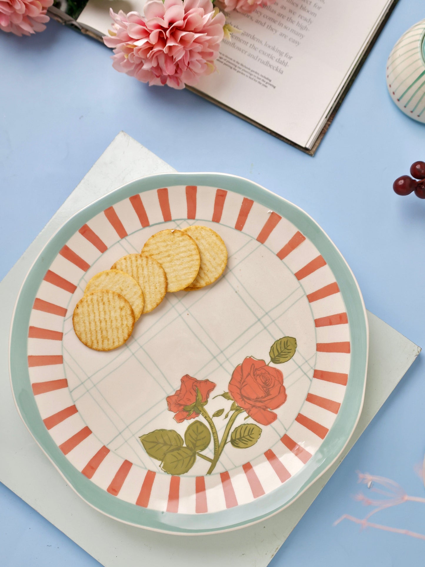 Serving Plate | Ceramic Hand-painted Round Roses | 27 cm