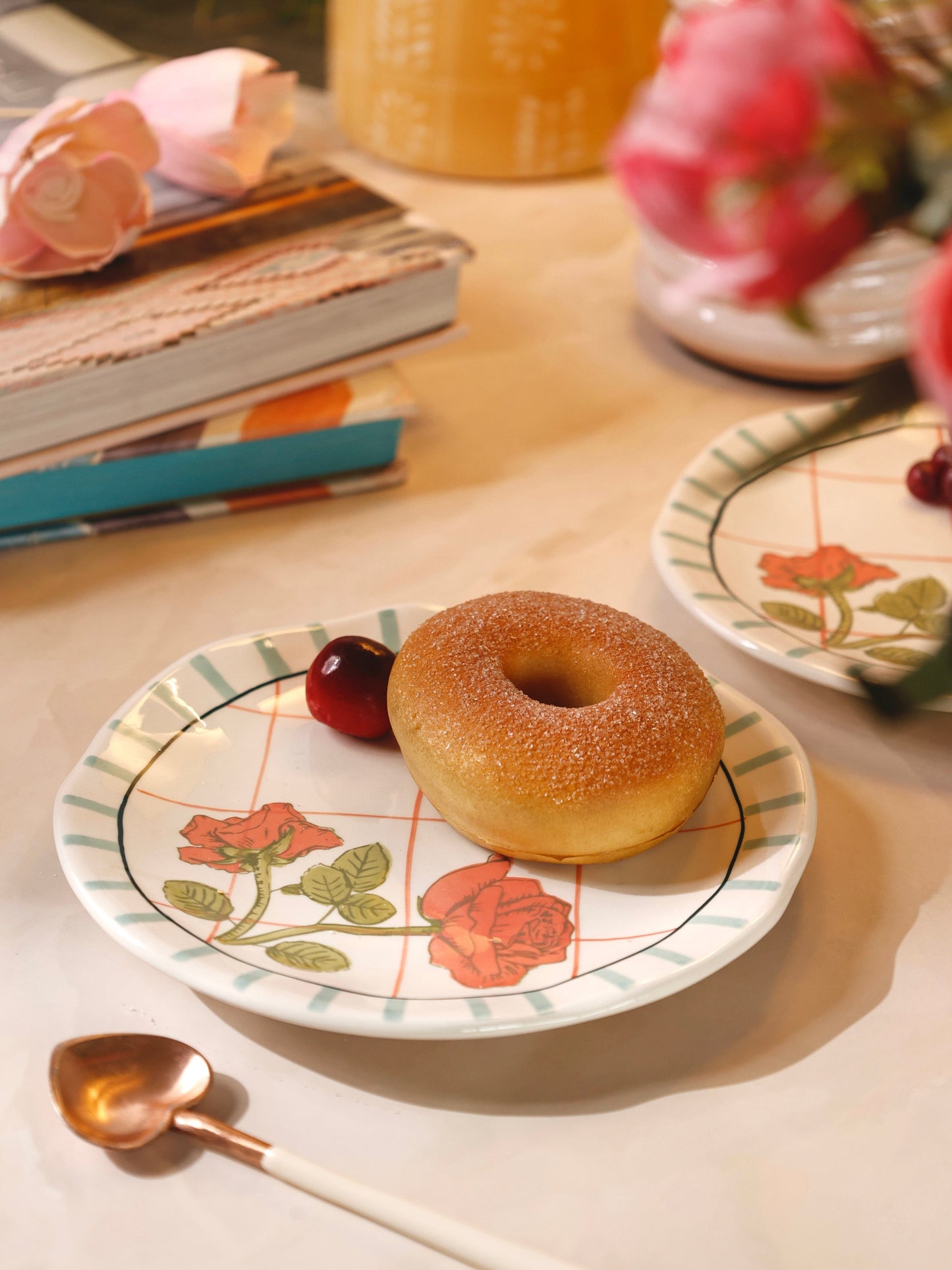 Serving Plate | Ceramic Hand-painted Rose Design | Set of 4, Dia-16 x H-3 cm