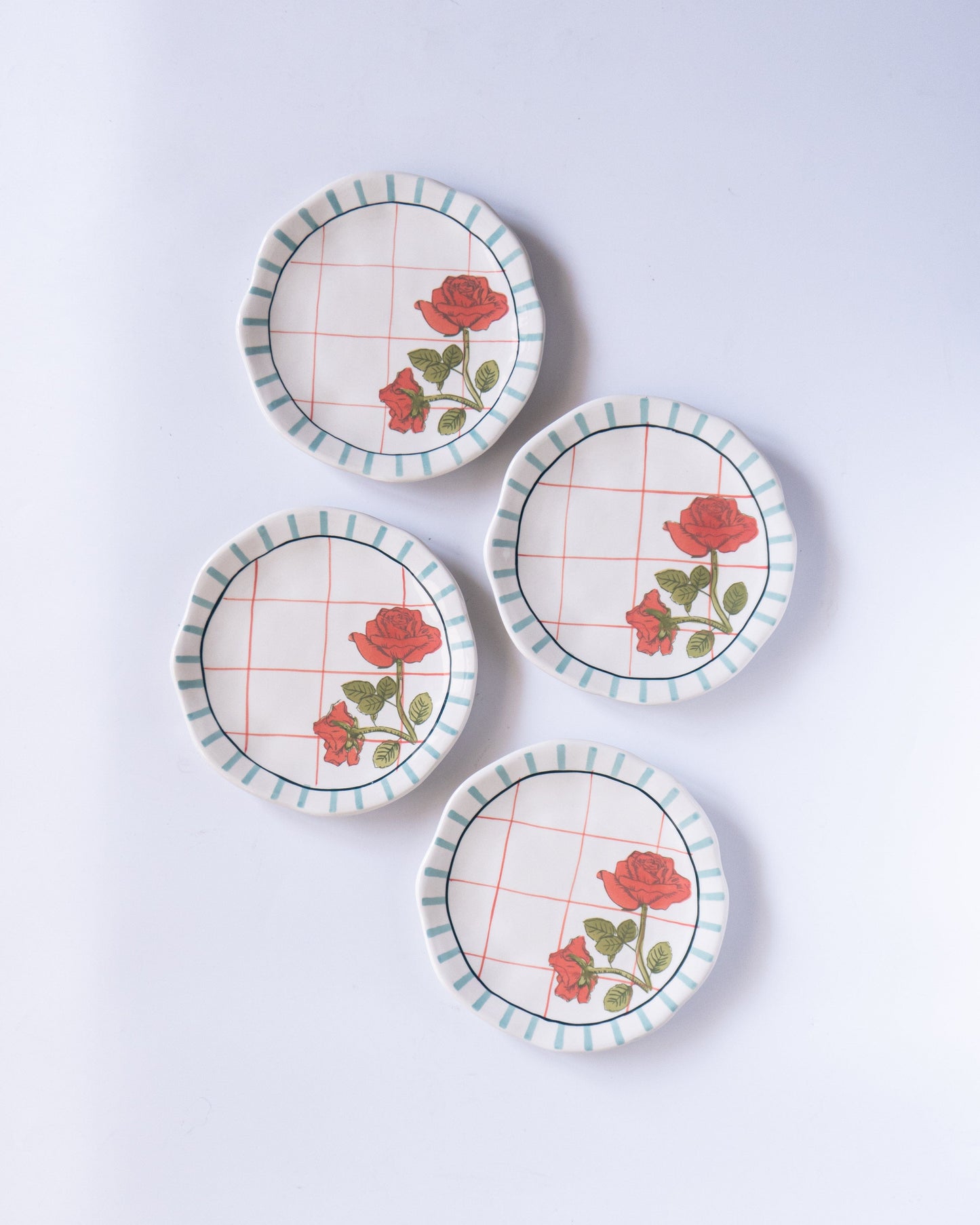 Serving Plate | Ceramic Hand-painted Rose Design | Set of 4, Dia-16 x H-3 cm