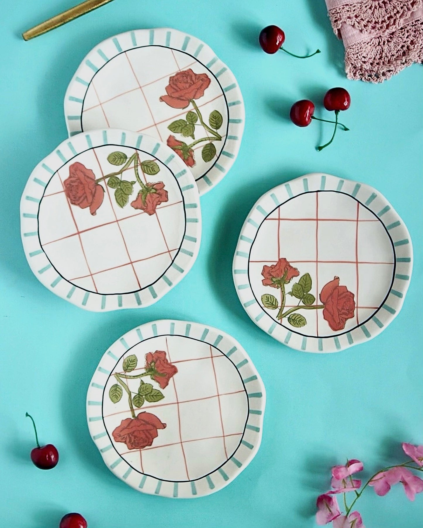 Serving Plate | Ceramic Hand-painted Rose Design | Set of 4, Dia-16 x H-3 cm