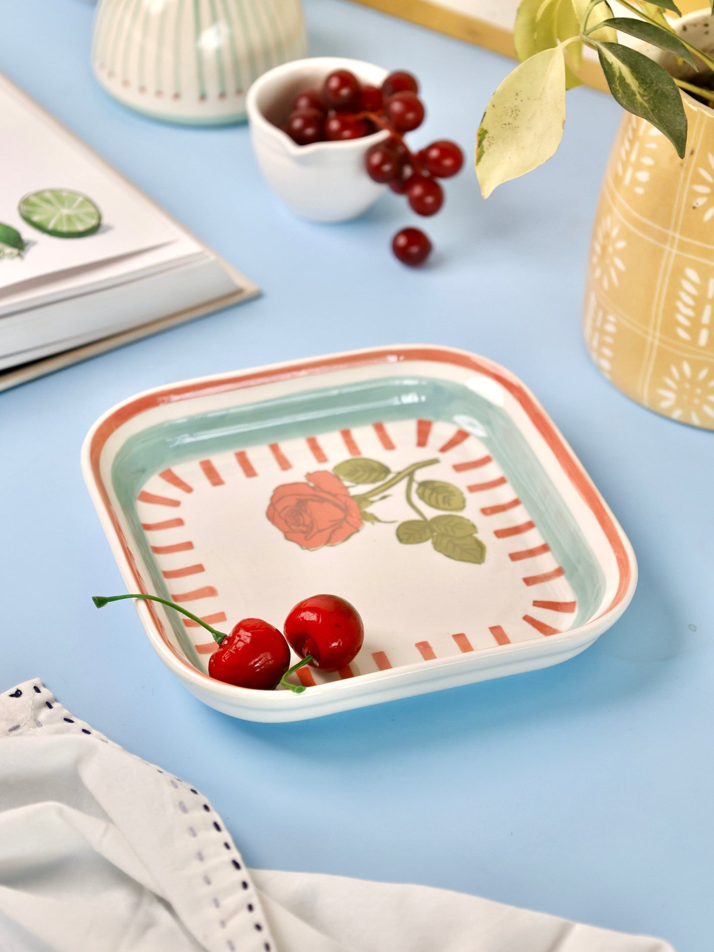 Serving Plate | Ceramic Hand-painted Square | 15.5cm, Set of 4 | Rose Motif
