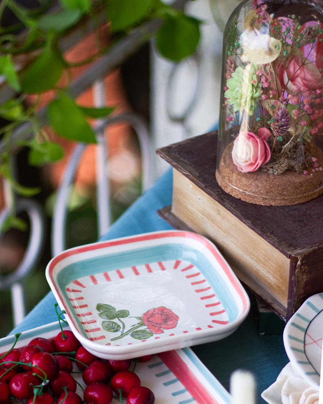 Serving Plate | Ceramic Hand-painted Square | 15.5cm, Set of 4 | Rose Motif