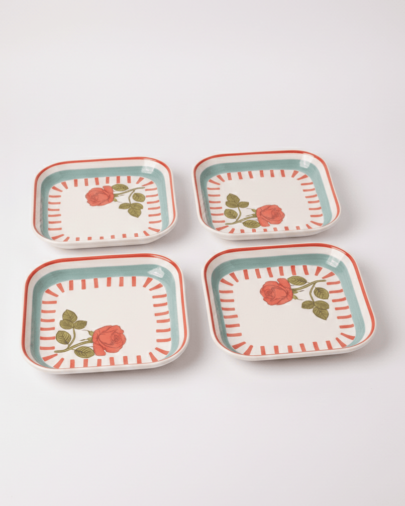Serving Plate | Ceramic Hand-painted Square | 15.5cm, Set of 4 | Rose Motif