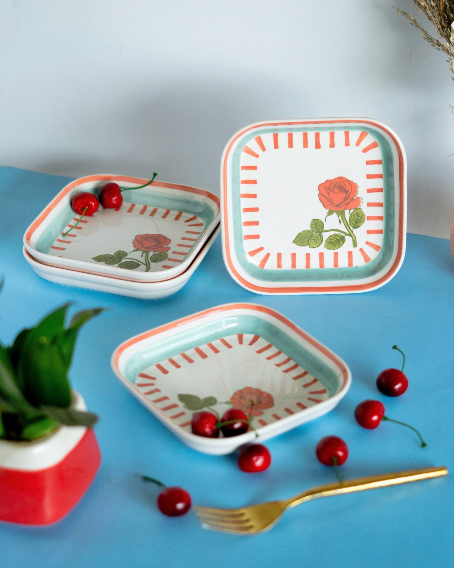 Serving Plate | Ceramic Hand-painted Square | 15.5cm, Set of 4 | Rose Motif