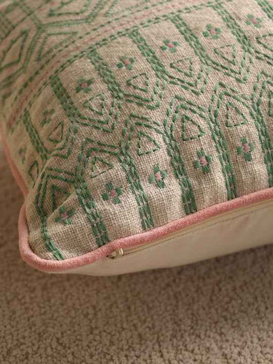 Elongated Decorative Pillow Cover – Flax Blend Fabric with Detailed Embroidery