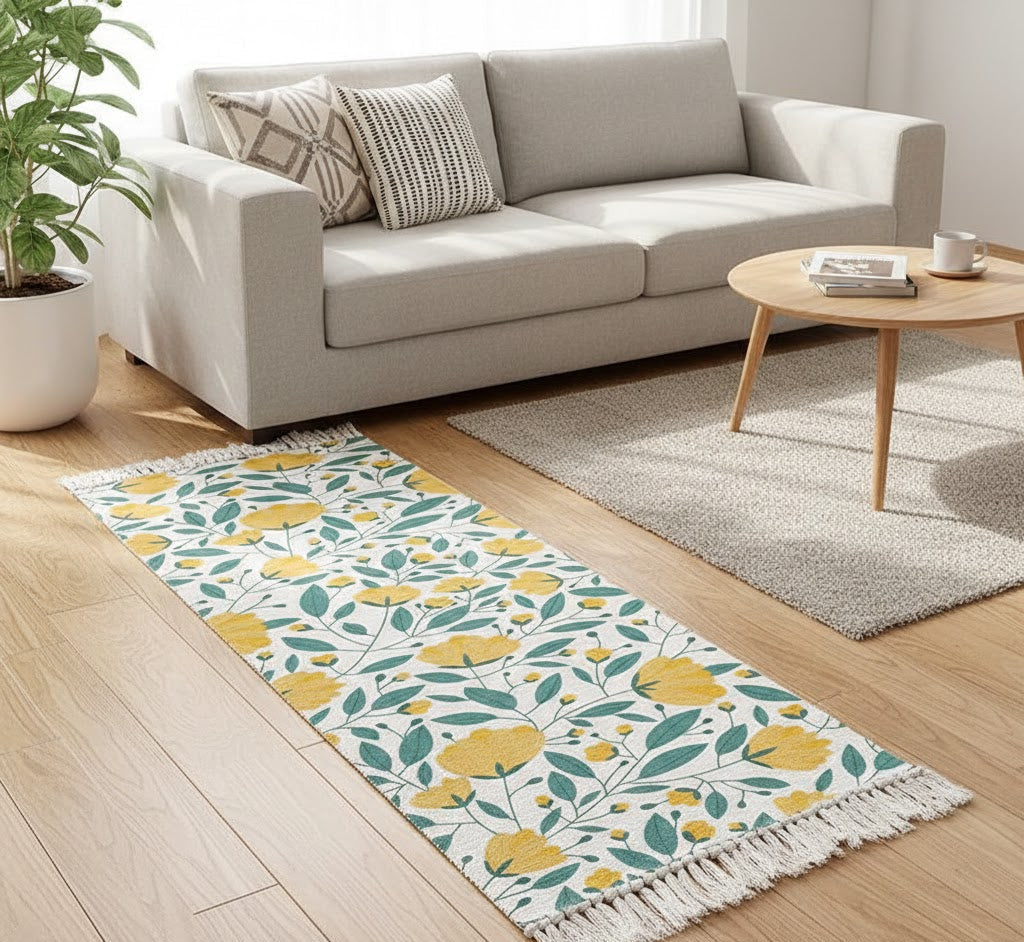 Modern Hand Woven Yellow Floral Printed 100% Cotton Washable Bedside Runner Rug 2x5 Feet | Living Room Bedroom Kitchen Carpet