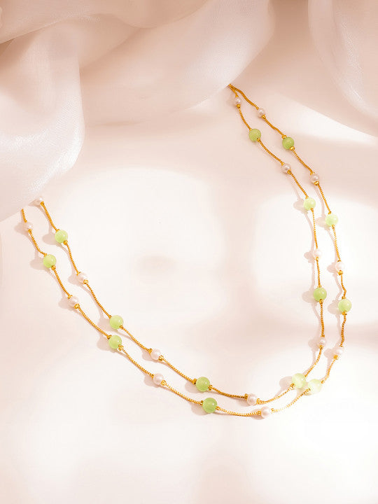 Multi-Strand Necklace – Embellished Chain – Gold-Plated Brass, Green – Individual Retail Unit