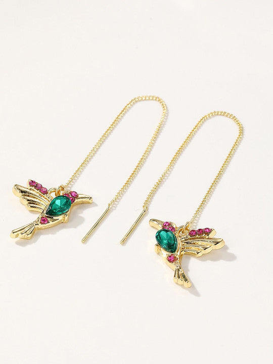 Hummingbird Motif Dangle Earrings – Gold-Tone Finish, Beaded – Retail Pack