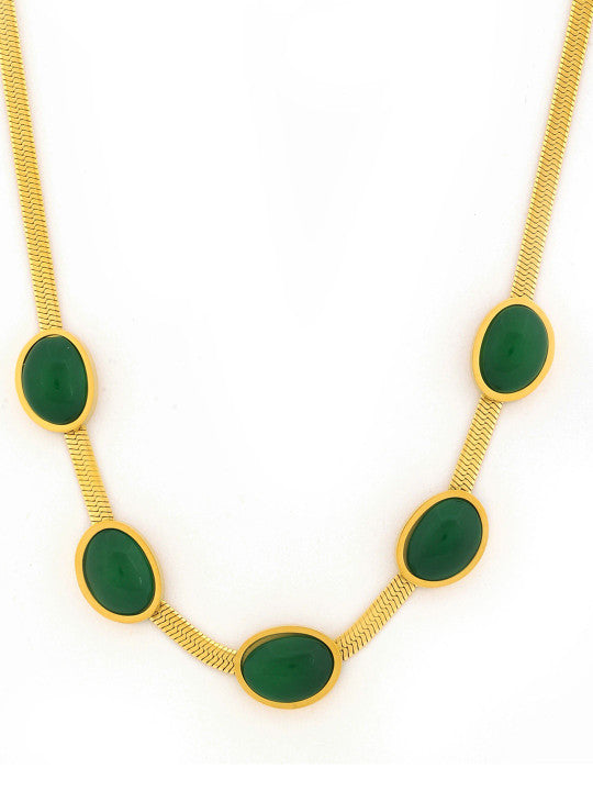 Gold-Plated Statement Necklace – Green Gemstone Inlay