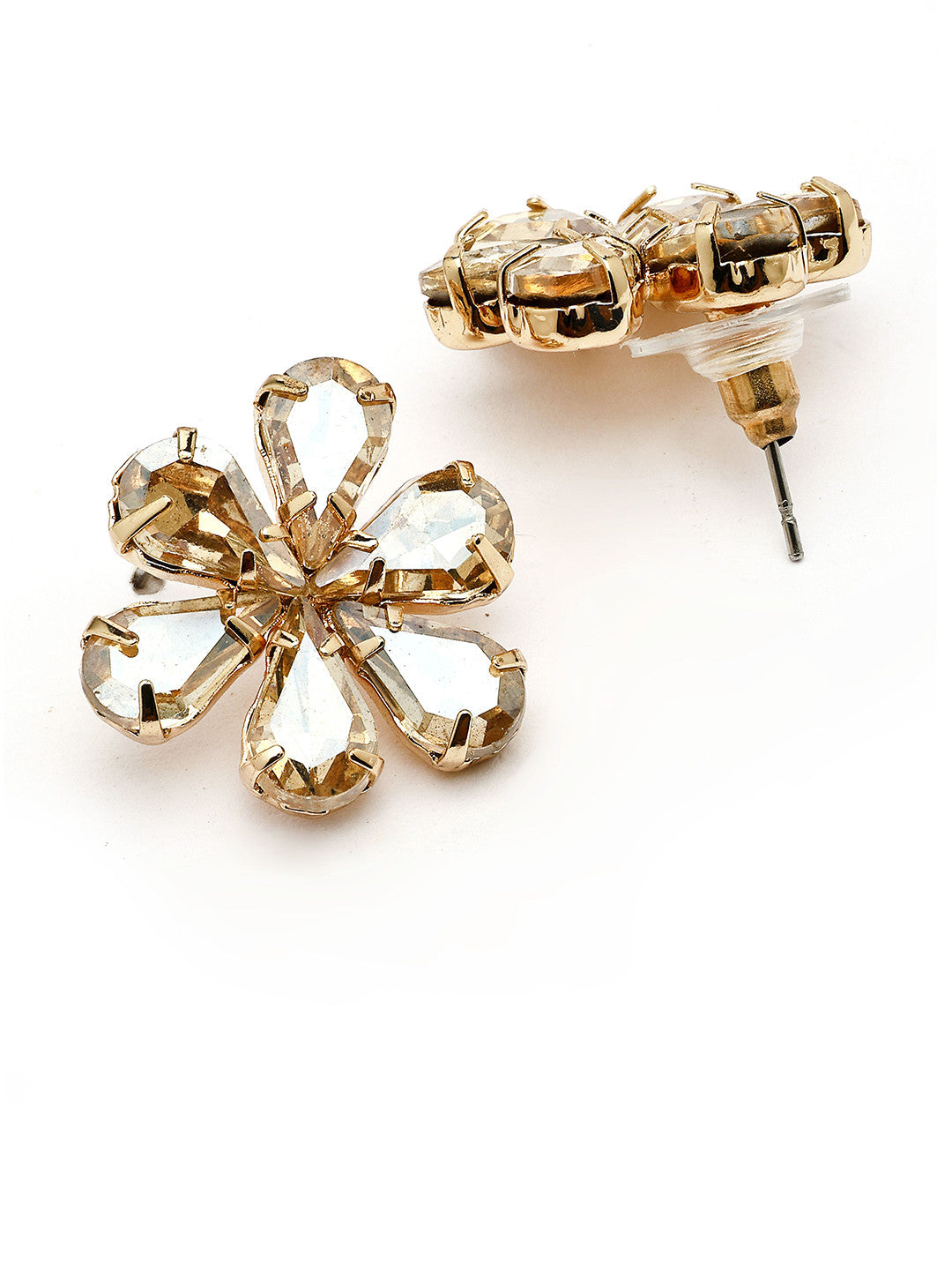 Gold-Plated Floral Stud Earrings – Rhinestone Embellished – Post-Back Closure – 2cm x 2cm