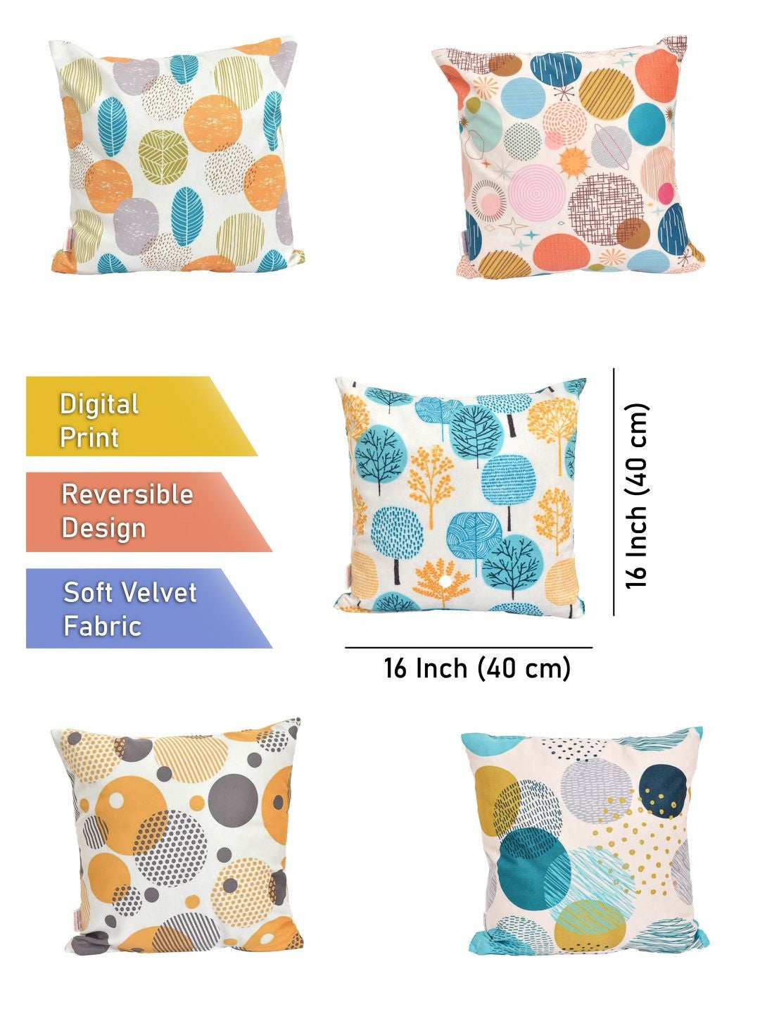5 piece Set - Cream Geometric Reversible Digital Printed – Cushion Covers – Velvet – 40x40 cm