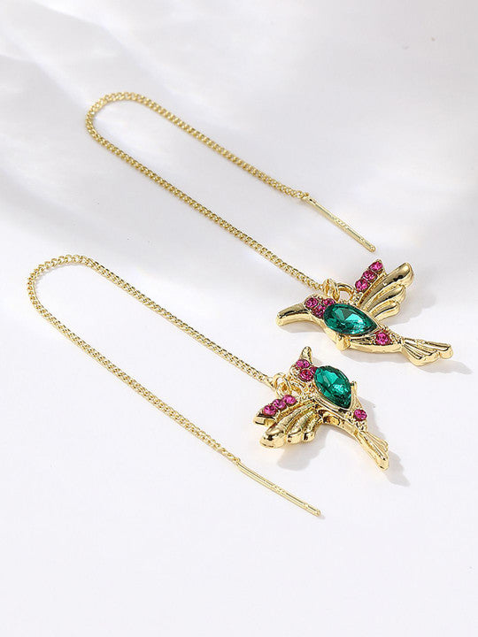 Hummingbird Motif Dangle Earrings – Gold-Tone Finish, Beaded – Retail Pack