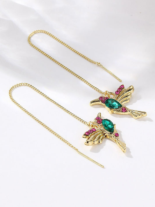 Hummingbird Motif Dangle Earrings – Gold-Tone Finish, Beaded – Retail Pack