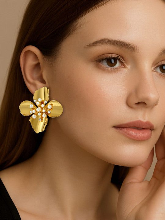 Flower Embellished Studs – Stud Earrings – Gold-Plated Alloy, Faux Stone & Pearl