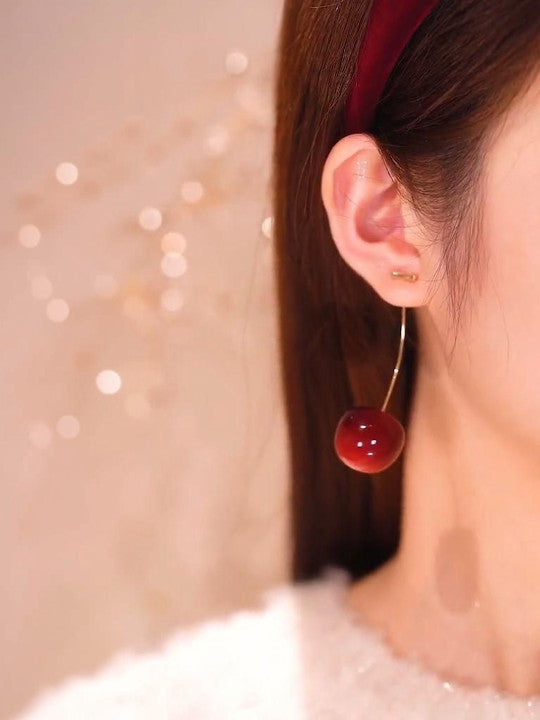 Cherry Dangle Earrings – Red Artificial Beads - Push Back Closure